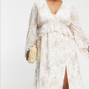 ASOS Misguided Plus Midi Dress with frill detail in tan and porcelin print